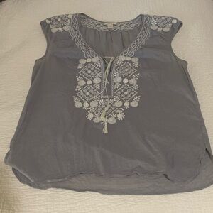 J. Crew Light Gray Embroidered Tie-Front Peasant Blouse